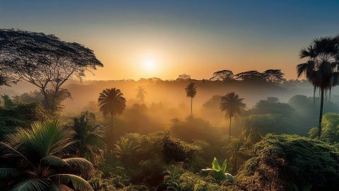 aufgehende Sonne über indischem Urwald