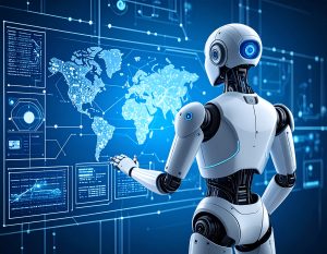 Symbolbild - Roboter steht von Screen mit Weltkarte