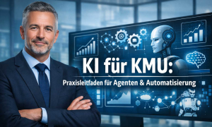 Unternehmer im Anzug vor KI-Dashboard als Symbol für KI-Einsatz in KMU