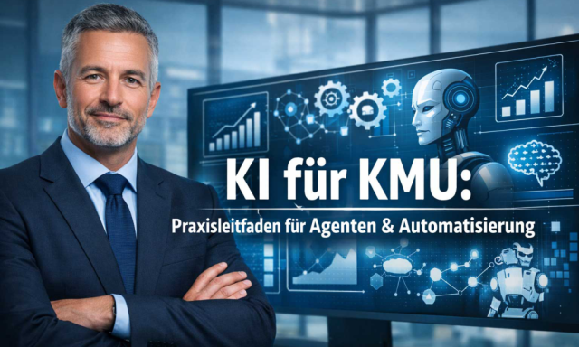 Unternehmer im Anzug vor KI-Dashboard als Symbol für KI-Einsatz in KMU