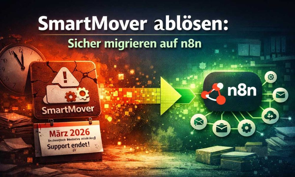 Das Bild zeigt den Software Titel SmartMover in einem düsteren Rot auf einem Kalender mit der Aufschrift "März 2026 - Support endet" auf der linken Hälfte des Bildes. Ein Pfeil nach rechts zeigt auf das n8n logo in freundlicherem grün-blau.