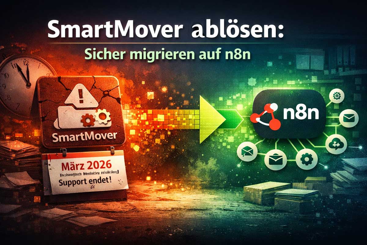 Das Bild zeigt den Software Titel SmartMover in einem düsteren Rot auf einem Kalender mit der Aufschrift "März 2026 - Support endet" auf der linken Hälfte des Bildes. Ein Pfeil nach rechts zeigt auf das n8n logo in freundlicherem grün-blau.
