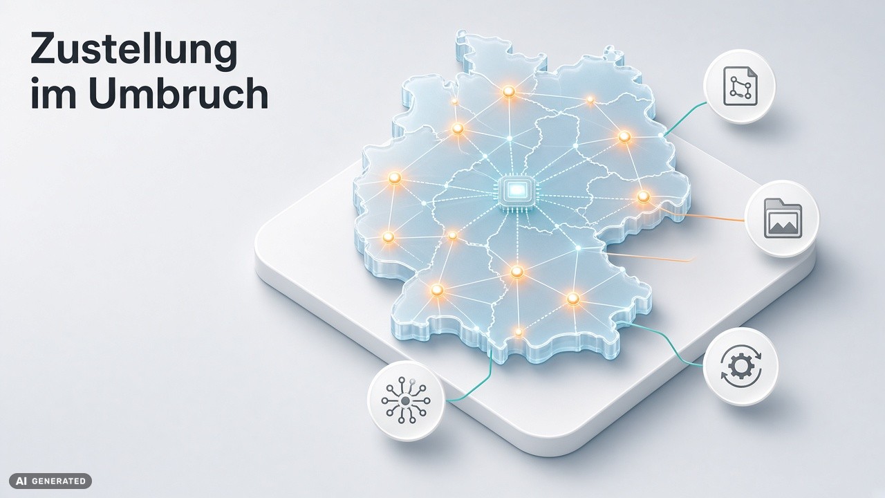 Germany map with interconnected glowing nodes on a white platform, illustrating changes in delivery networks and logistics (delivery in upheaval).