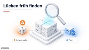 Isometrische Code-Bausteine unter einer Scanner-Lupe zwischen Schwachstelle und Patch – OSS Scanner von Anthropic