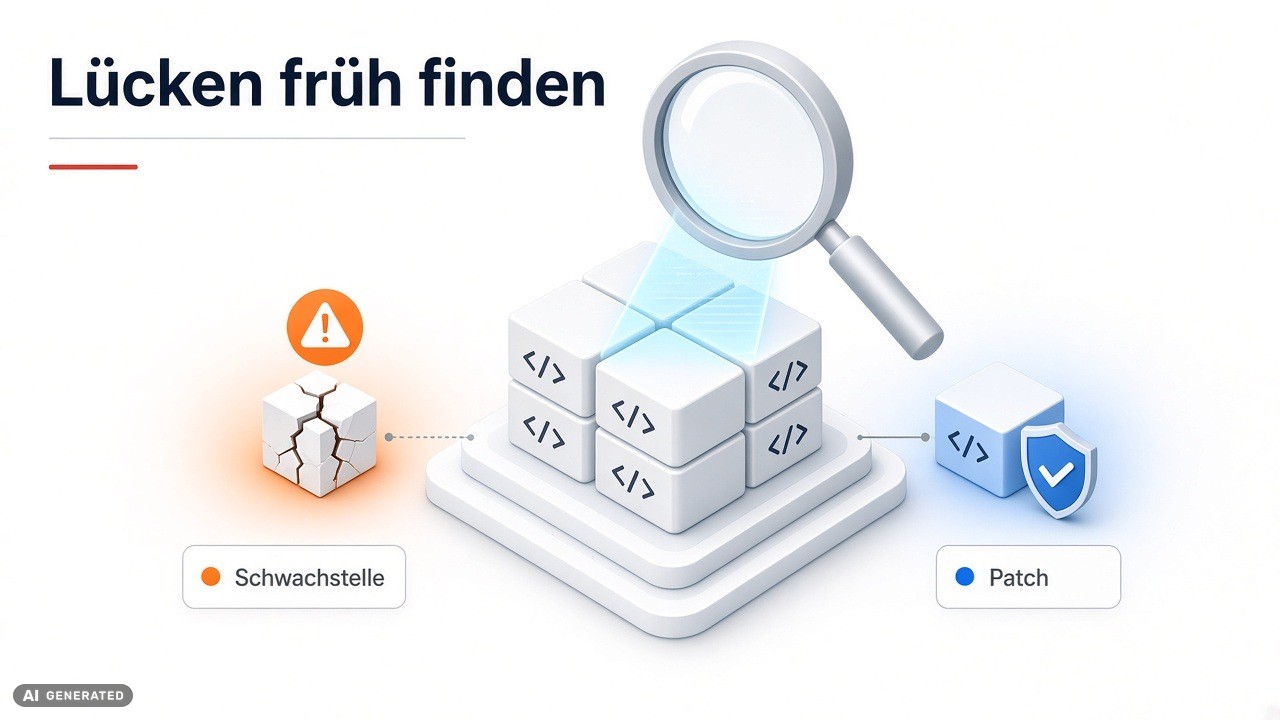 Isometrische Code-Bausteine unter einer Scanner-Lupe zwischen Schwachstelle und Patch – OSS Scanner von Anthropic
