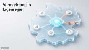 Isometrische Netzwerk-Karte mit leuchtenden Knoten zur Digitalvermarktung in Eigenregie bei Verlagen