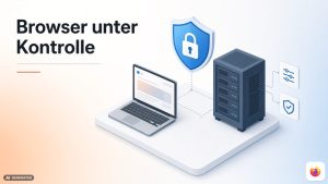 Isometrische Szene mit Laptop, Server und Schutzschild für Firefox Enterprise auf eigener Infrastruktur