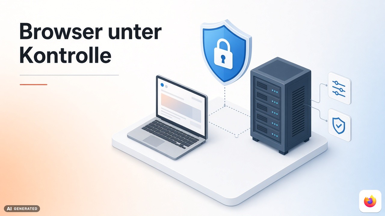 Isometrische Szene mit Laptop, Server und Schutzschild für Firefox Enterprise auf eigener Infrastruktur