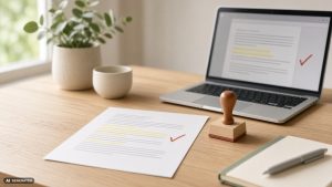 Desk setup for document review: laptop showing a document with highlights and a red checkmark, plus a stamped seal, printed checklist, plant, and notebook on a wooden table.
