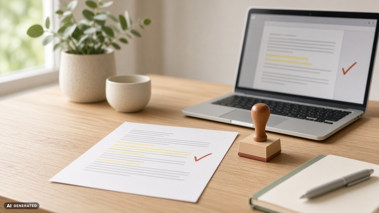 Desk setup for document review: laptop showing a document with highlights and a red checkmark, plus a stamped seal, printed checklist, plant, and notebook on a wooden table.