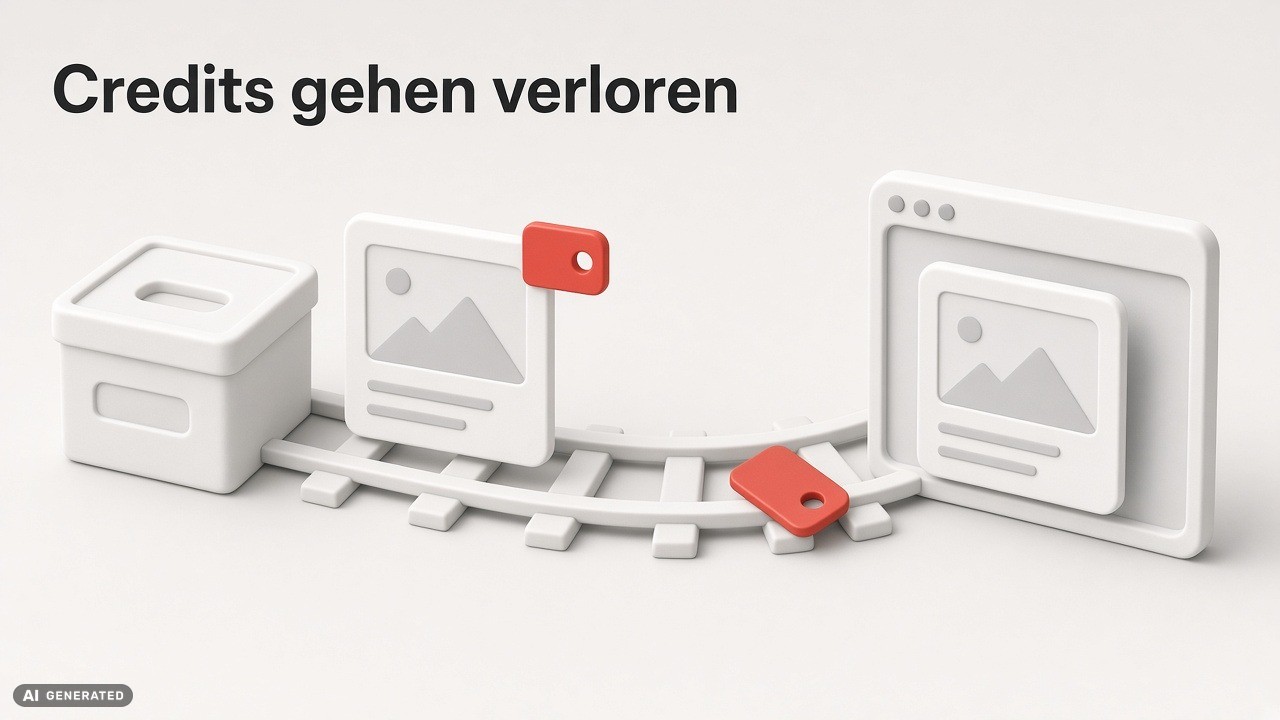 German headline 'Credits gehen verloren' with 3D white UI cards on a curved track and red tags, illustrating lost credits