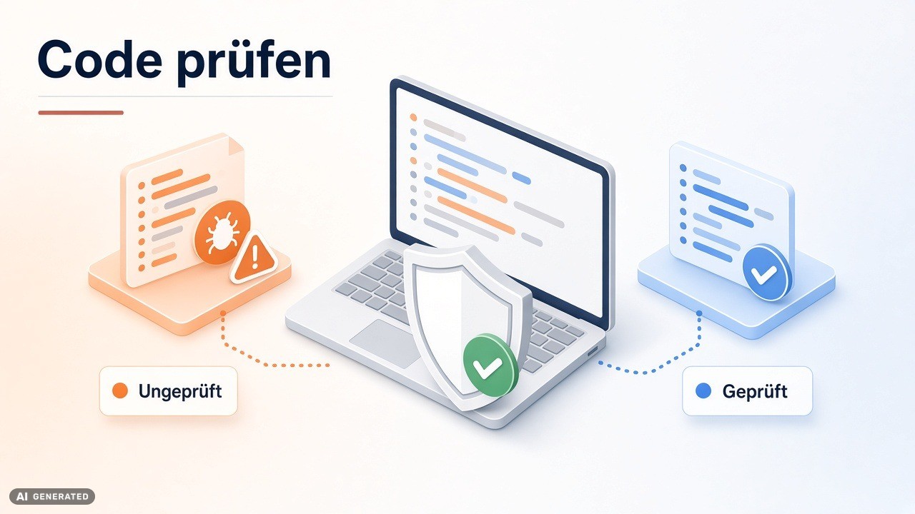 Illustration of code checking with three zones: left orangeUngeprüft, center laptop with a shield and green check, right blueGeprüft—caption 'Code prüfen'.