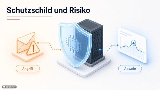Isometrischer Server mit Schutzschild zwischen Angriff und Abwehr – KI in der Cybersicherheit