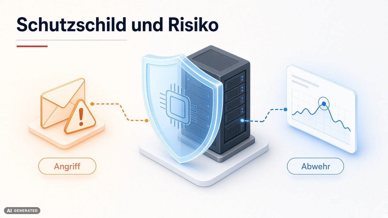 Isometrischer Server mit Schutzschild zwischen Angriff und Abwehr – KI in der Cybersicherheit