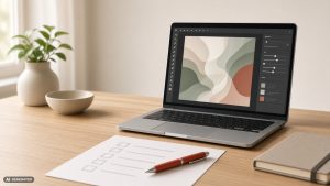 Laptop mit Bildbearbeitungs-Oberfläche auf Eichenschreibtisch: KI-generierte Software-Kopien prüfen