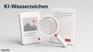 Foto- und Textkarte unter einer Lupe, die ein verborgenes Wasserzeichen-Muster sichtbar macht