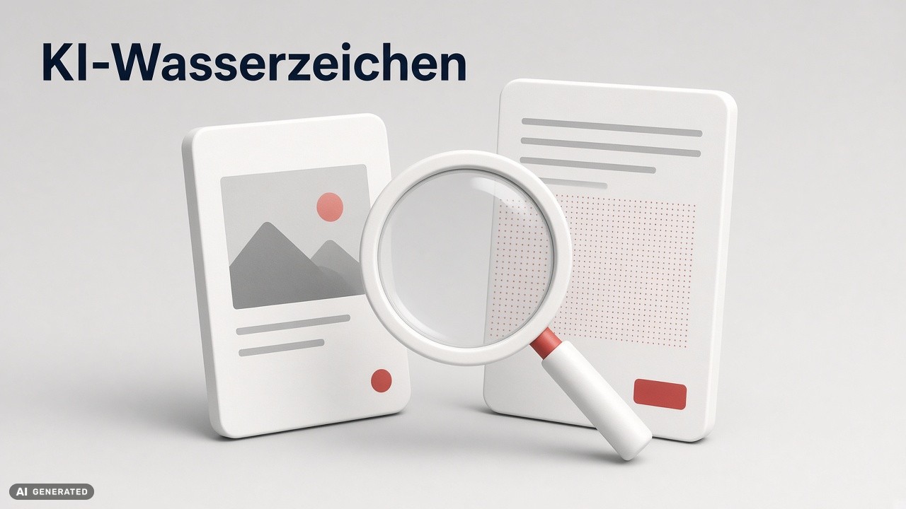 Foto- und Textkarte unter einer Lupe, die ein verborgenes Wasserzeichen-Muster sichtbar macht