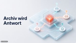 Isometrische Netzwerkkarte: Ein zentrales Archiv verteilt Inhalte über Kanäle und beantwortet Nutzerfragen