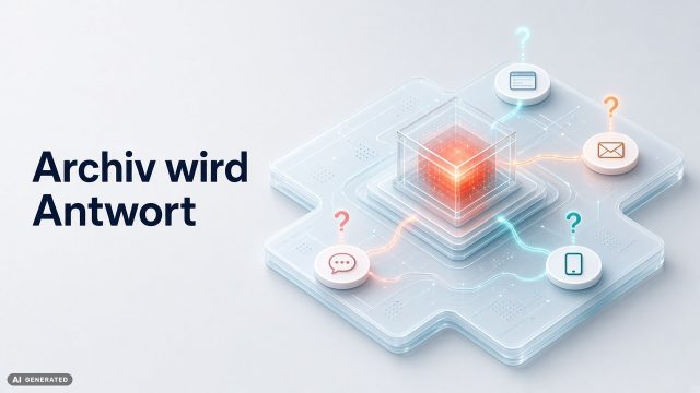 Isometrische Netzwerkkarte: Ein zentrales Archiv verteilt Inhalte über Kanäle und beantwortet Nutzerfragen