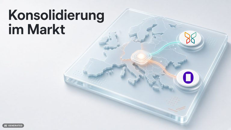 German title 'Konsolidierung im Markt' shown beside a 3D world map on a glass platform with glowing network connections.