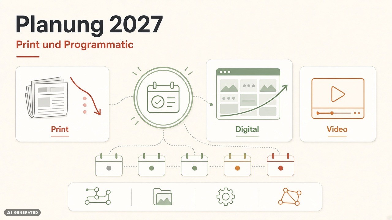 Infografik zur Planung 2027 mit Karten für Print, Digital und Video – Verlags- und Anzeigenplanung im Wandel