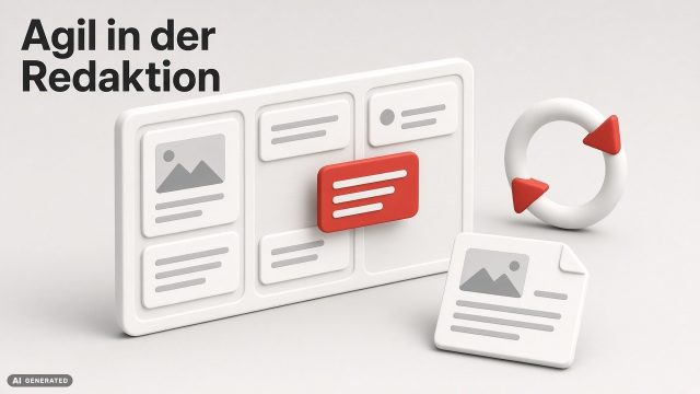Kanban-style editorial board with white cards and a red label, evoking an agile newsroom workflow, for informative context.