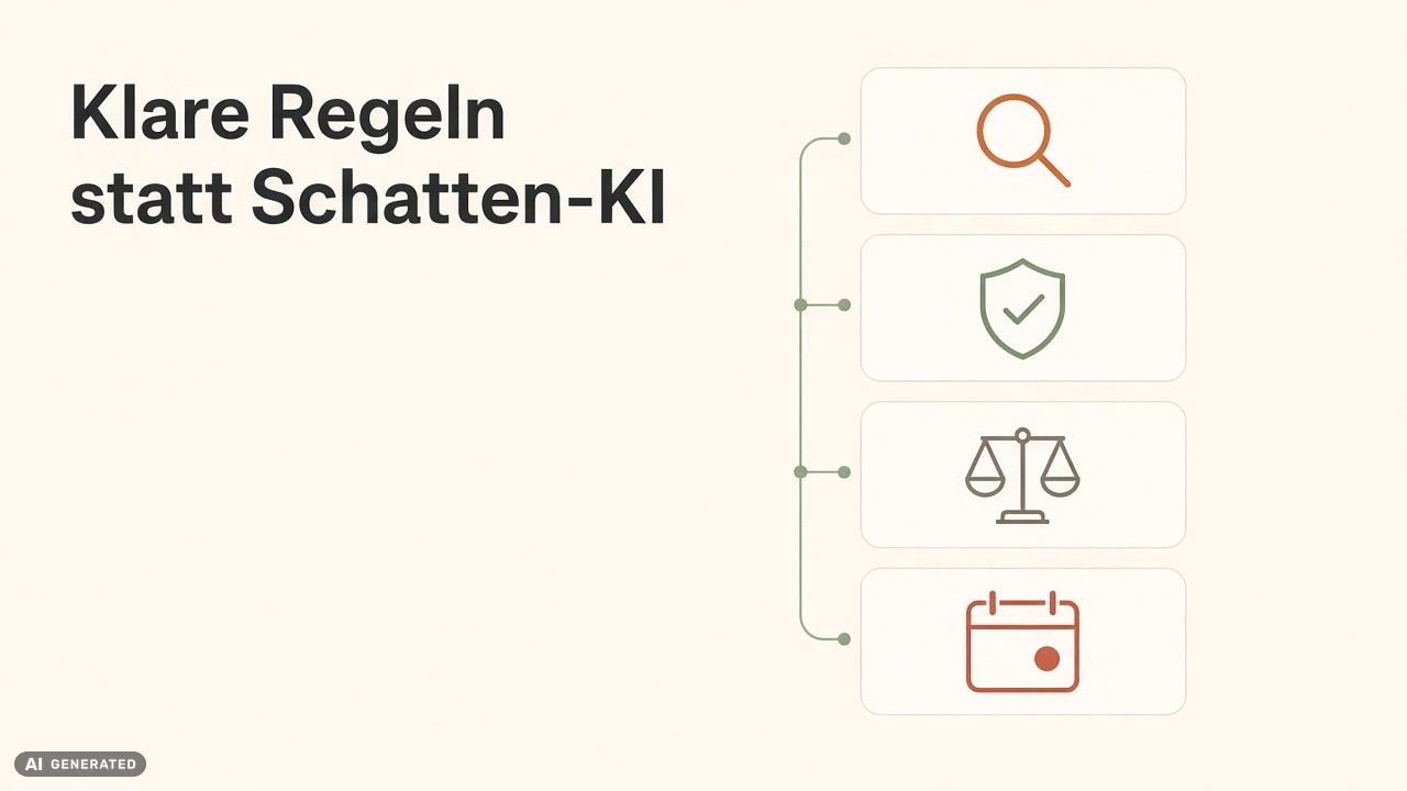 Schatten-KI im Recruiting: Warum Sie jetzt Regeln brauchen – aaroon gmbh Infografik mit vier Karten zu Regeln für KI im Recruiting gegen Schatten-KI