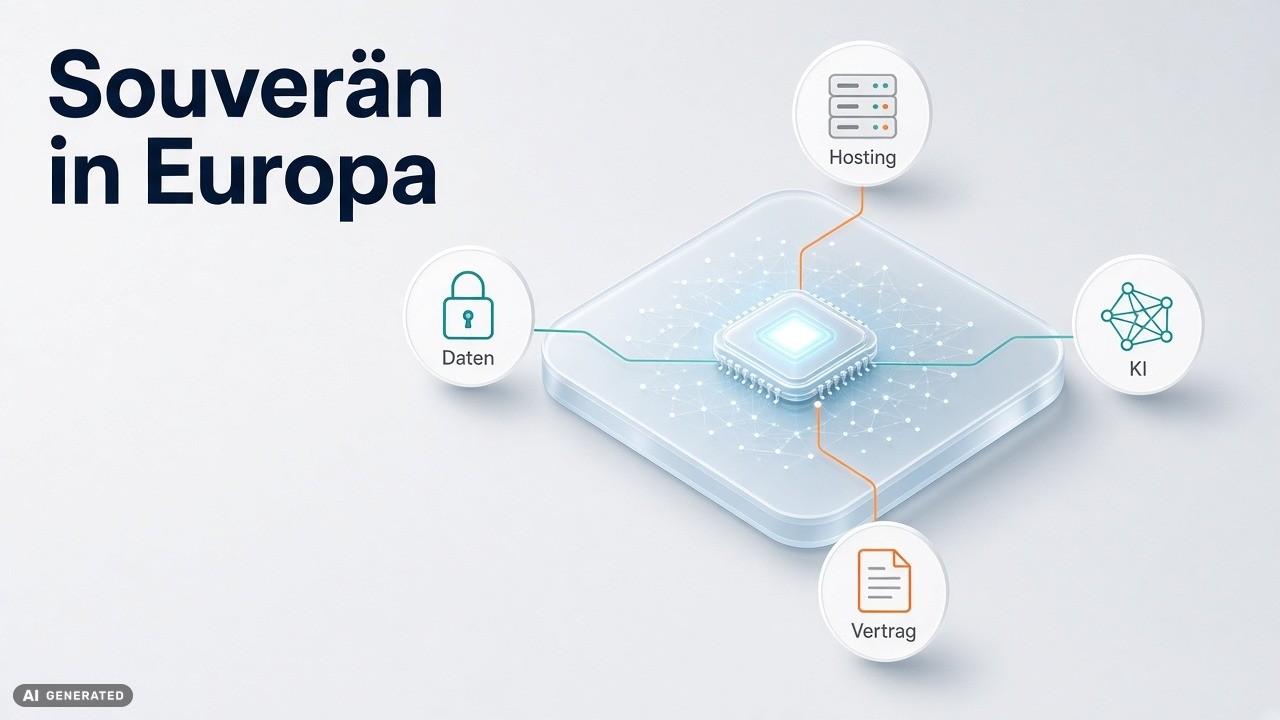 Souverän in Europa: a central microchip with network lines connected to icons labeled Hosting, Daten, KI, and Vertrag, signaling European data sovereignty.