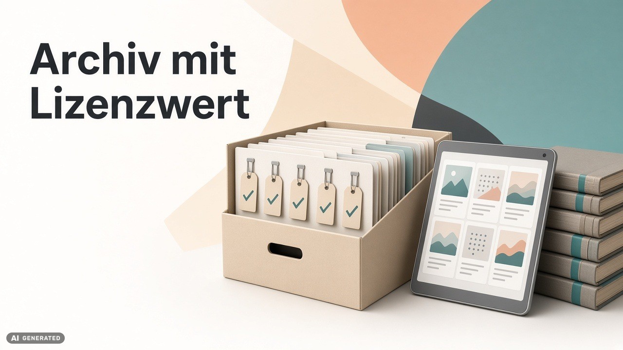 Box with labeled archival cards and a tablet showing image thumbnails, representing licensed asset archiving and cataloging.